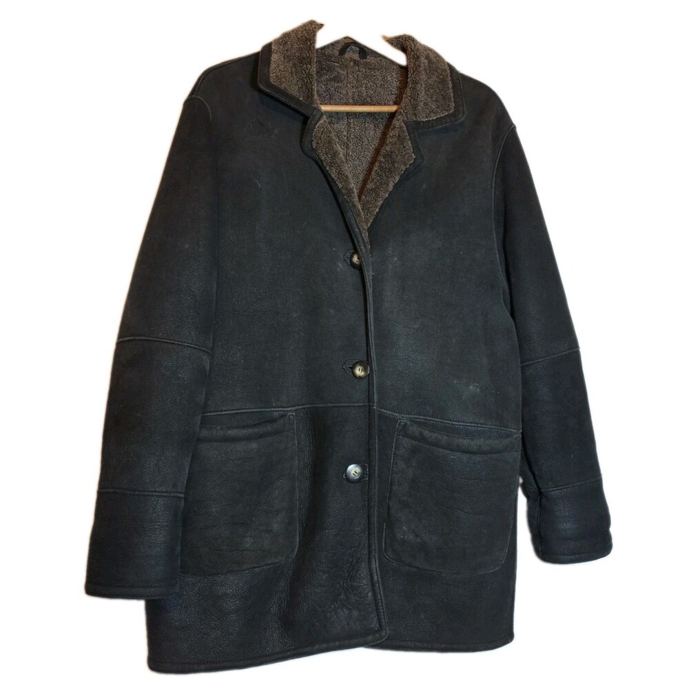 Vtg Pielini Spain Black Suede Shearling Coat Oversized Fits Mens XL / Womens 2XL